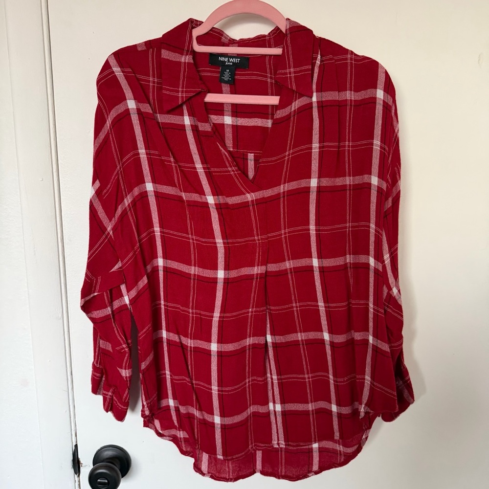 Nine West Red Plaid Button Down Shirt Size Medium